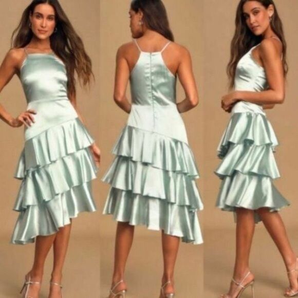 Lulus Mint Blue Satin Tiered Asymmetrical Midi Dress - Picture 3 of 14